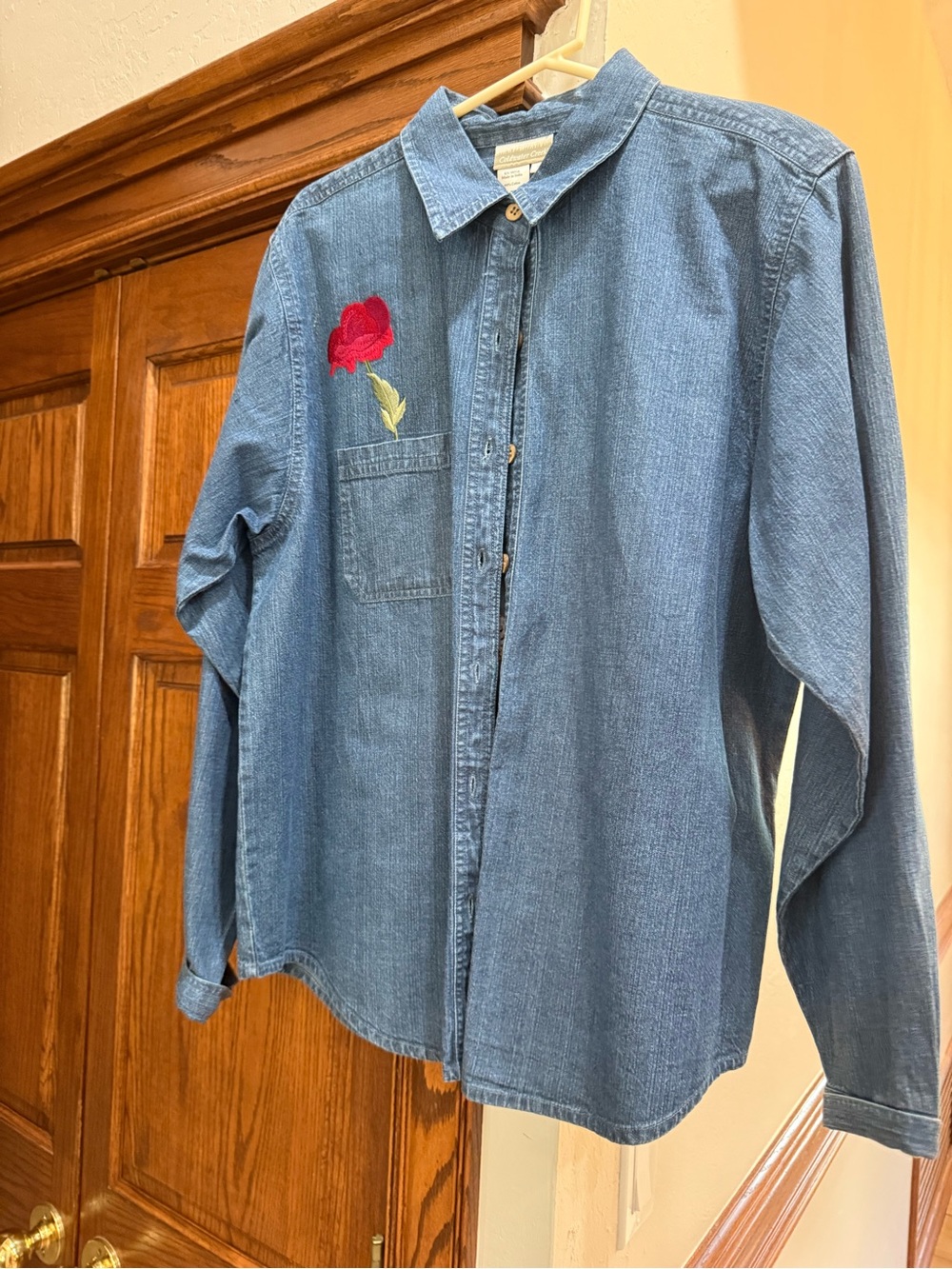 Coldwater Creek Blue Denim Shirt with Red Rose Embroidery